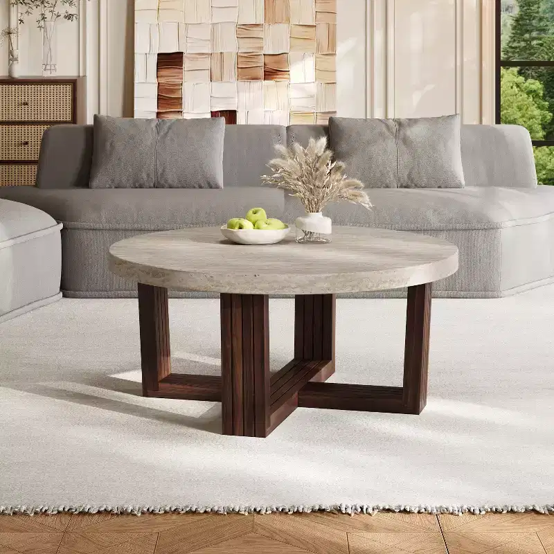 31.5 Round Coffee Table, Marble Pattern Top & Cross Brown Wood Base, Modern Living Room Center Table Accent Table - ModernLuxe