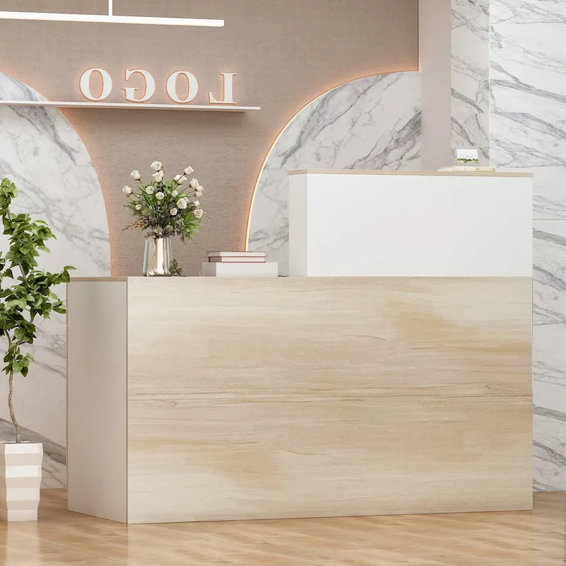 Reception Desk Wood Front Counter Table w/ Lockable Storage by