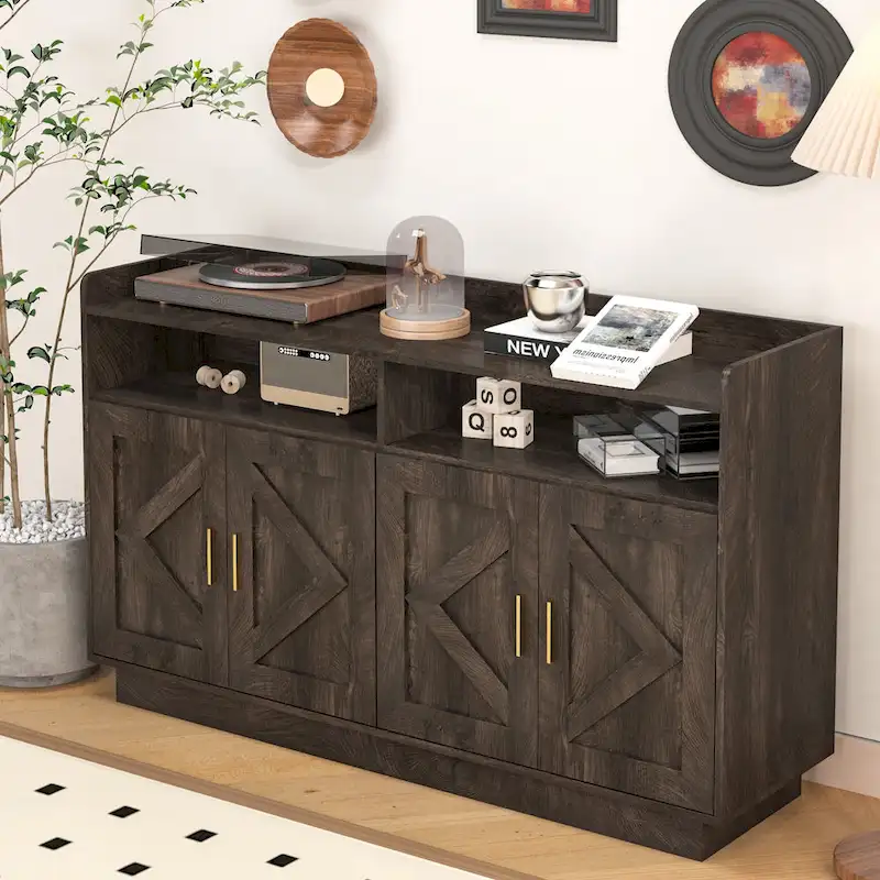 Brown/White Buffet Sideboard Cabinet with Metal Handles, 2-Person Assembly