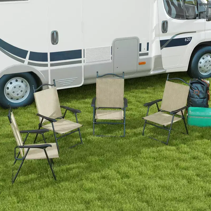 Okak Patio Camping Chairs with Armrests Set of 4, Foldable Chairs with Breathable Mesh Seat, Stadium Chair for Lawn, Hiking, Picnics