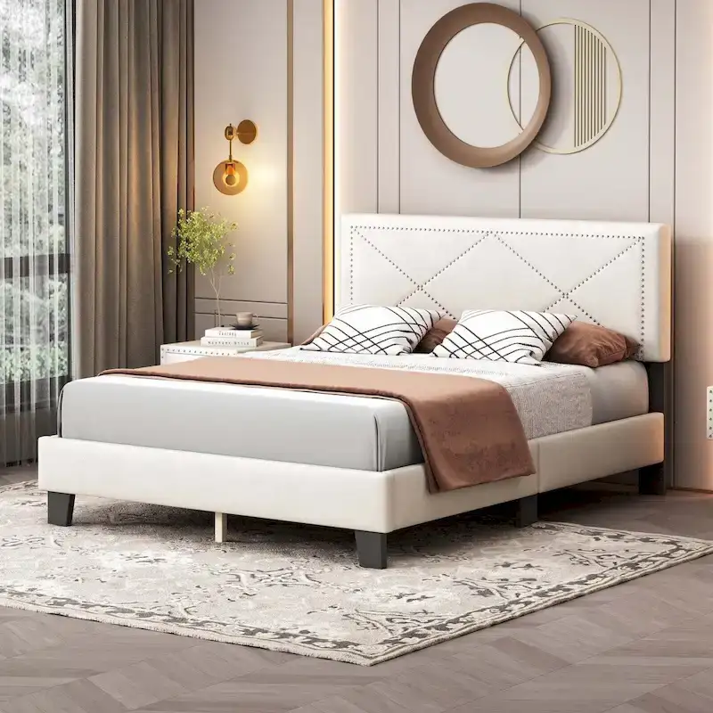 Queen Size Upholstered Bed Frame with Rivet Design
