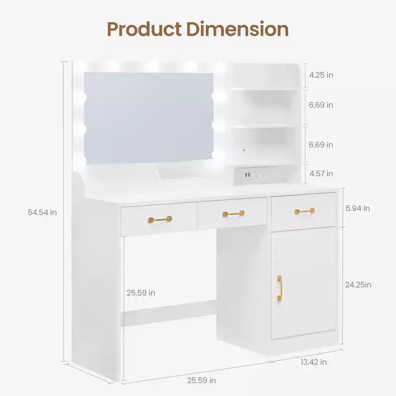 COZONY Makeup Vanity Table with Mirror, LED Bulbs & Power Outlet, Modern Dressing Table with 3 Drawers & Storage Shelves for Bedroom , White