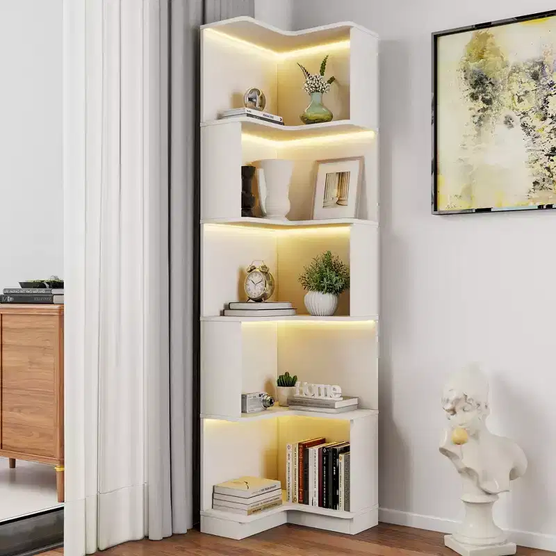 VIYET 69 5-Tier Corner Bookshelf with LED Lights, White L-Shaped Display Shelf (Baffle Design for Home Office & Living Room)