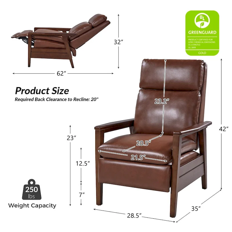 Mid-century Vegan Leather Solid Wood Recliner