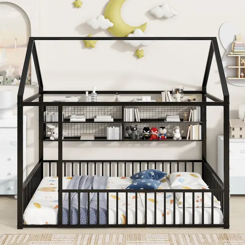 Metal House Bed Full Size Montessori Floor Bed with Fence