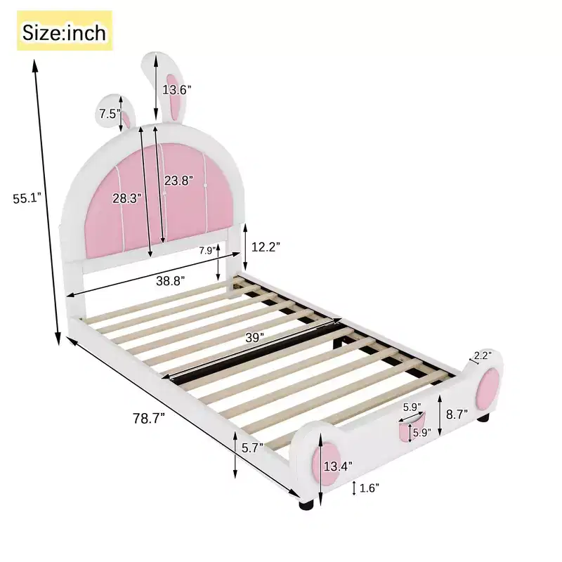 Luxystar Twin Size Upholstered Platform Bed with Rabbit Shaped Headboard, White+Pink