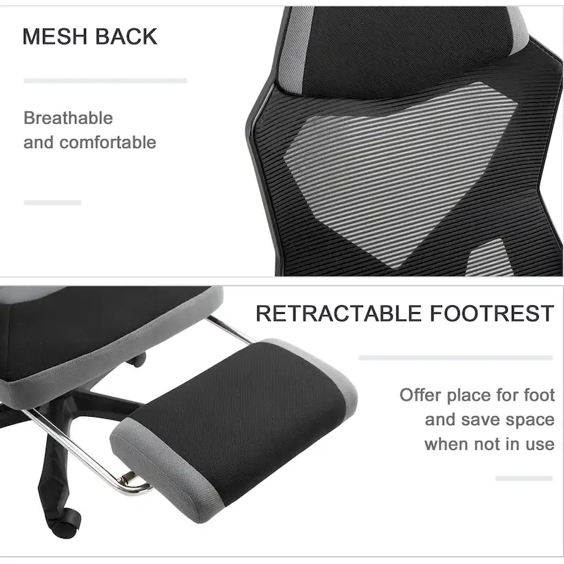 Vinsetto Home Office Chair Adjustable Height Recliner with Retractable Footrest, Mesh Back