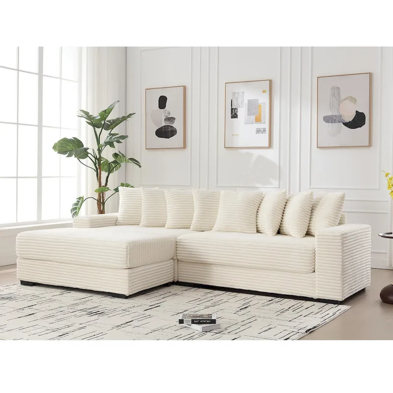 Beige 111 Corduroy L-Shaped Sectional Sofa with Oversized Left Chaise