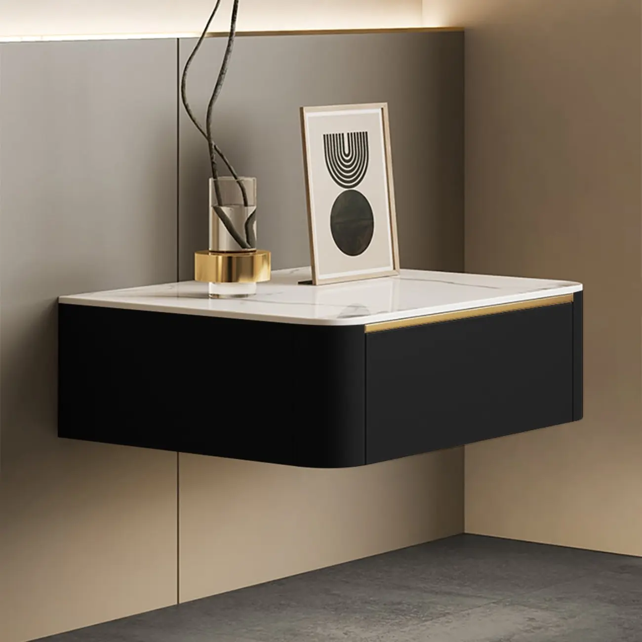 Modern Wood Stone Top Floating Nightstand with Drawer