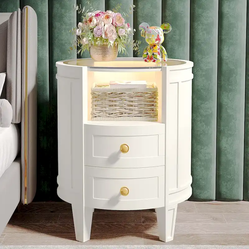 Round White & Gold 2-Drawer Nightstand with LED Lights, 1–2 Piece