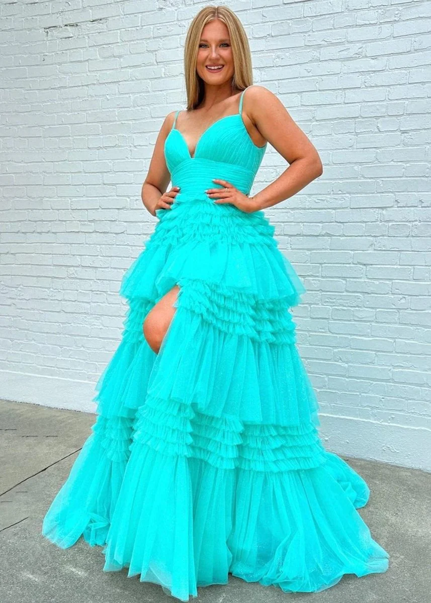 A-Line Spaghetti Straps Long Tiered Tulle Prom Dress With Split