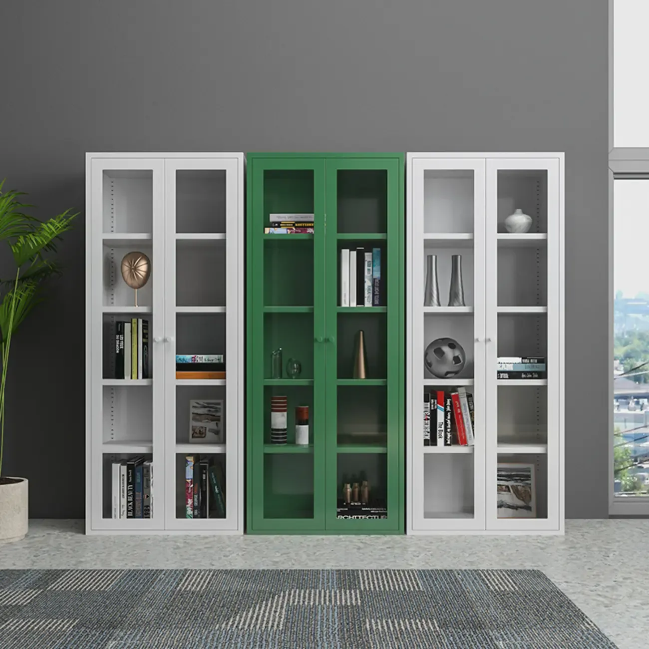 Modern Steel Glass Adjustable Shelves Display Storage Cabinet
