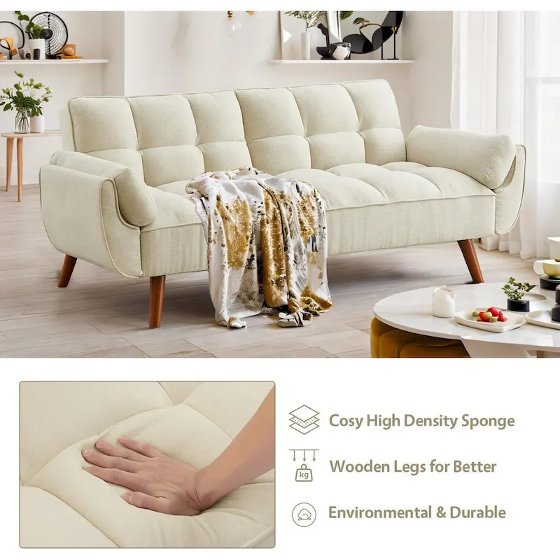 75.39 IN. Futon Sofa Bed, Convertible Upholstered Couch Sleeper with Reclining Sleeper Split Tufted Back