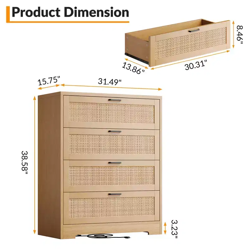 4 Drawer Rattan Dresser for Bedroom,Modern Wood Tall Chest of Drawers with Power Outlets, Drawer Organizer for Bedroom, Closet, Living Room