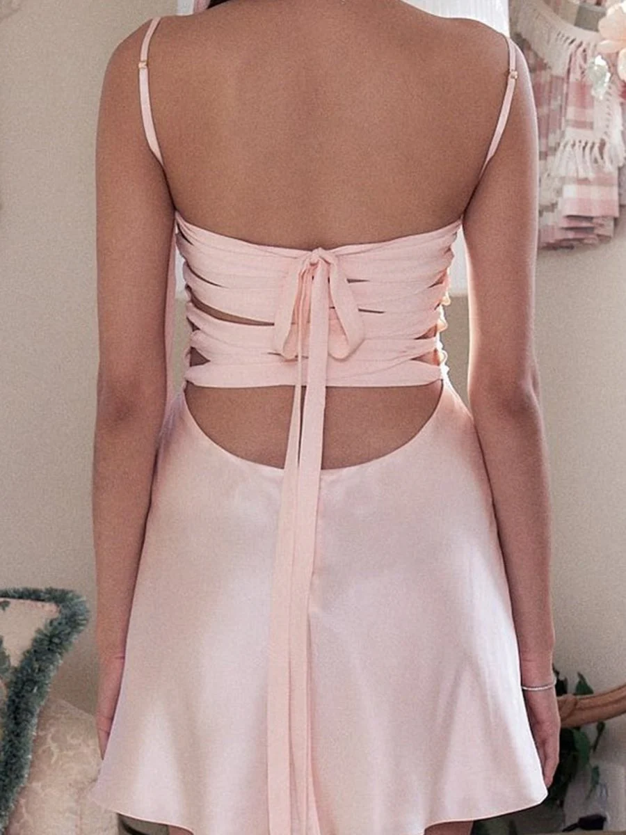 Pink - Spaghetti Straps A Line Satin Short Homecoming Dress With Bow