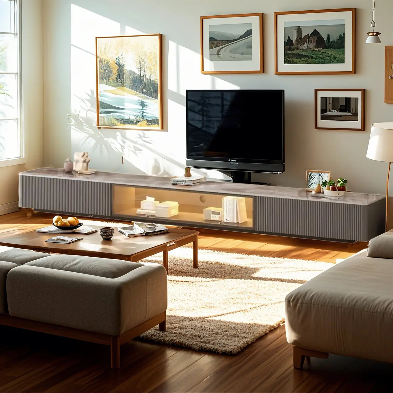 63 Champagne Long Stone TV Stand with Cable Management