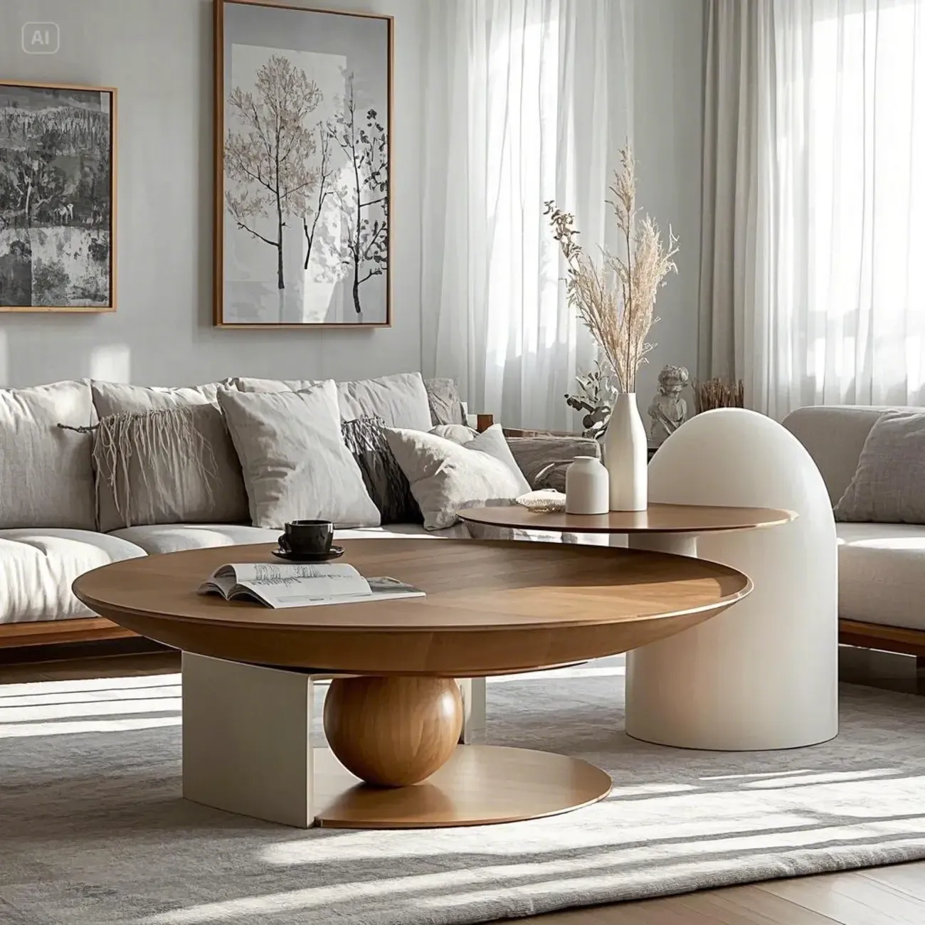 Brown Round Metal Base Wooden Coffee Table