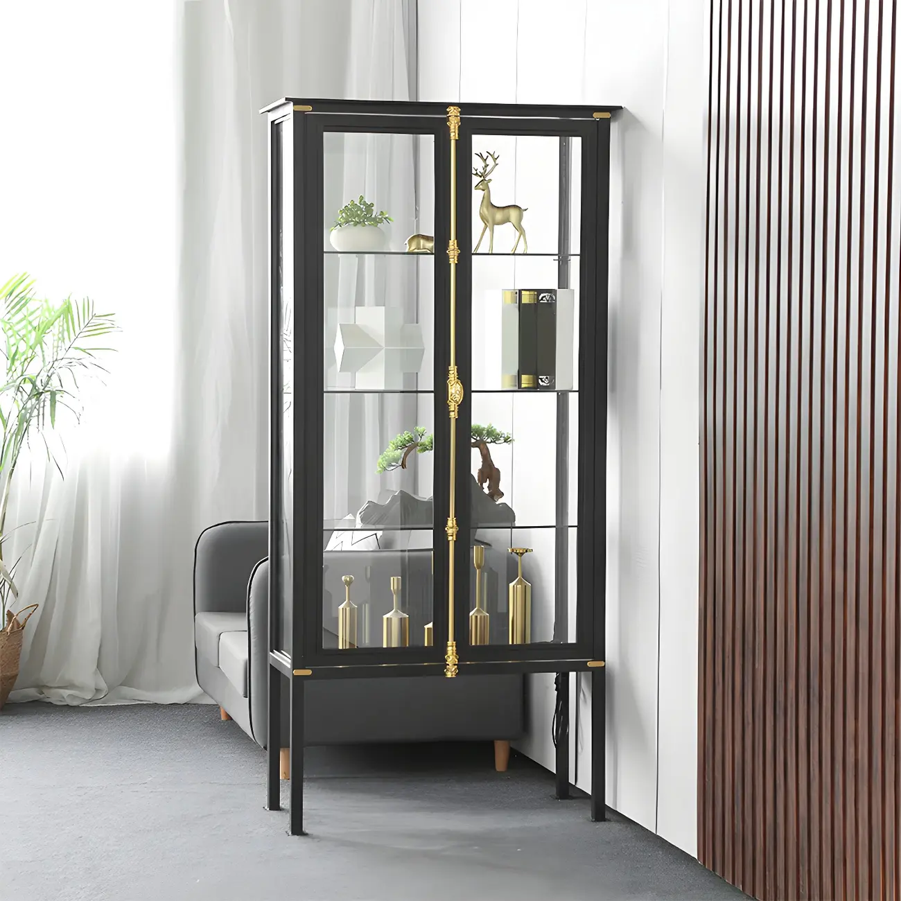 Black Metal Glass Shelves Display Cabinet with Lights