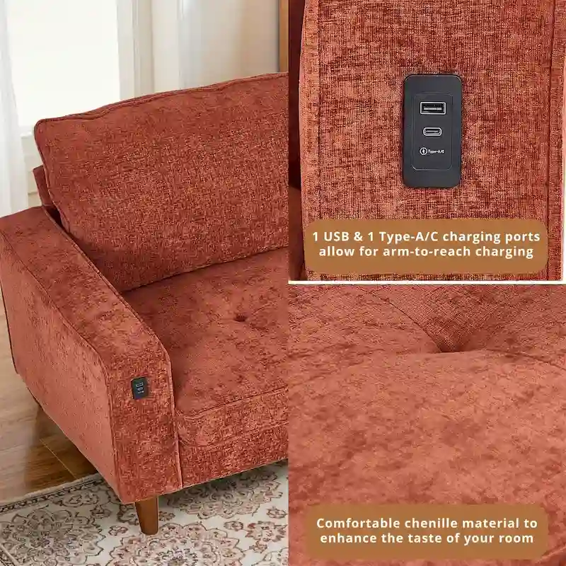 82.6 Inch Modern Living Room Chenille Recliner Sofa, loveseat Sofa,Removable Sofa Cover with USB, Easy to Instal