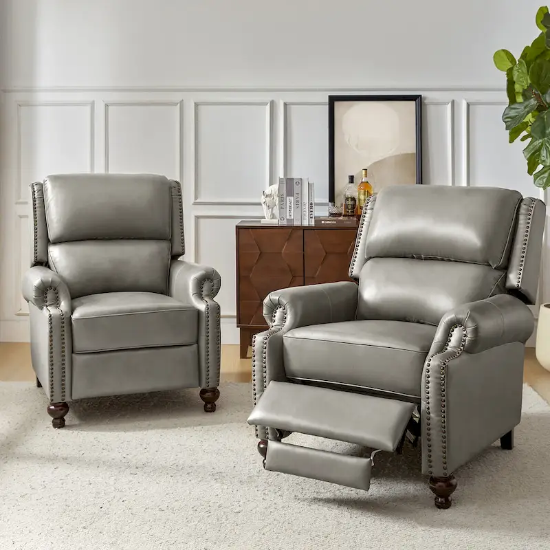 Gabriela Mid-Century Modern Genuine Leather Recliner Nail Head Trim Set of 2 by HULALA HOME