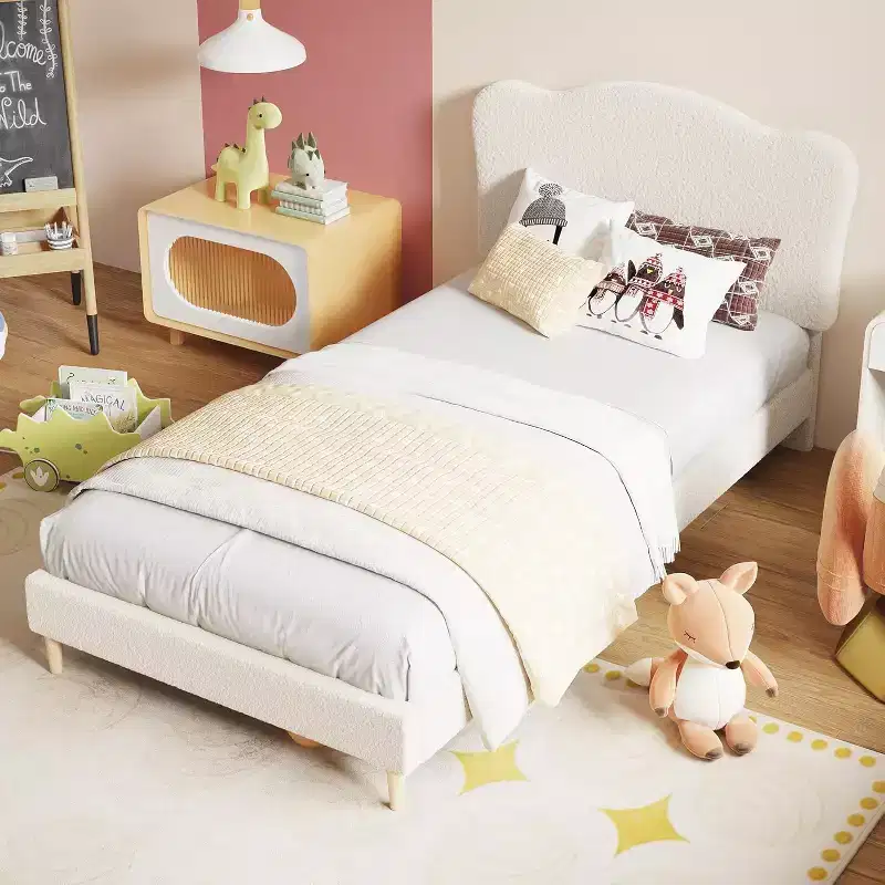 Beige Boucle Upholstered Twin Platform Bed with Adjustable Headboard, For 1 Child