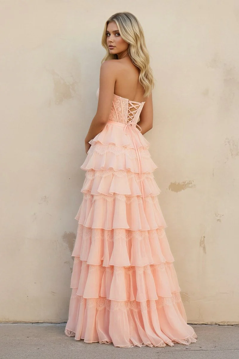 Pink - Strapless A Line Chiffon Tiered Prom Dresses With Bow