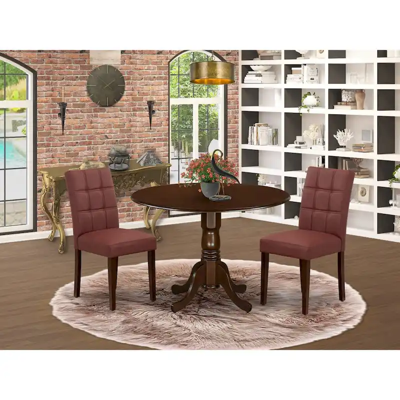 Round Drop-Leaf Dining Table Set, Mahogany & Burgundy, 3-Piece or 5-Piece