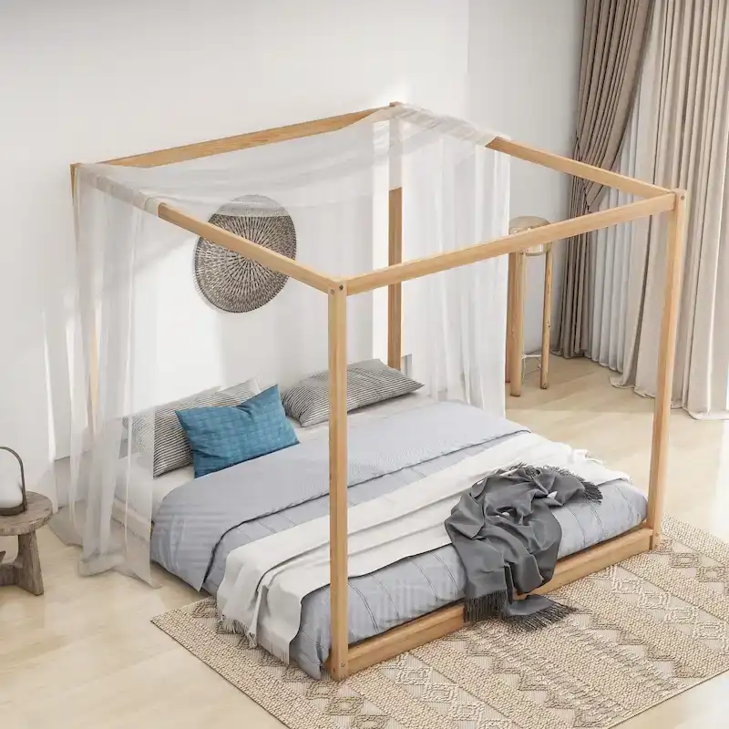 Modern Low Canopy Platform Bed, Wooden Canopy Bed Frame with Support Legs, for Kids Teens Adults, No Box Spring Needed