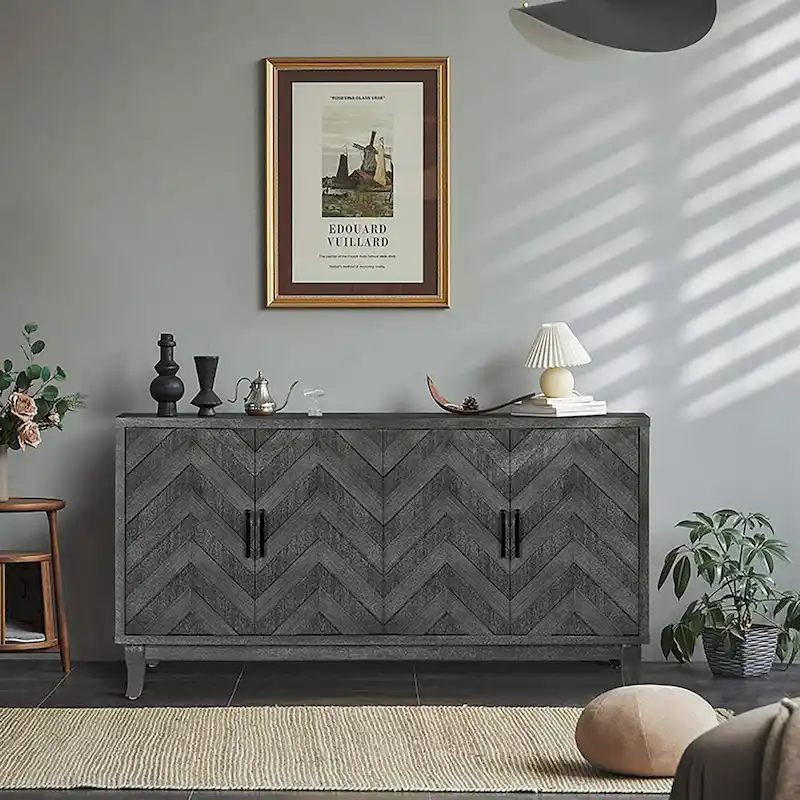 Antique Dark Grey / Green 4-Door Vintage Storage Cabinet for Living Room & Bedroom