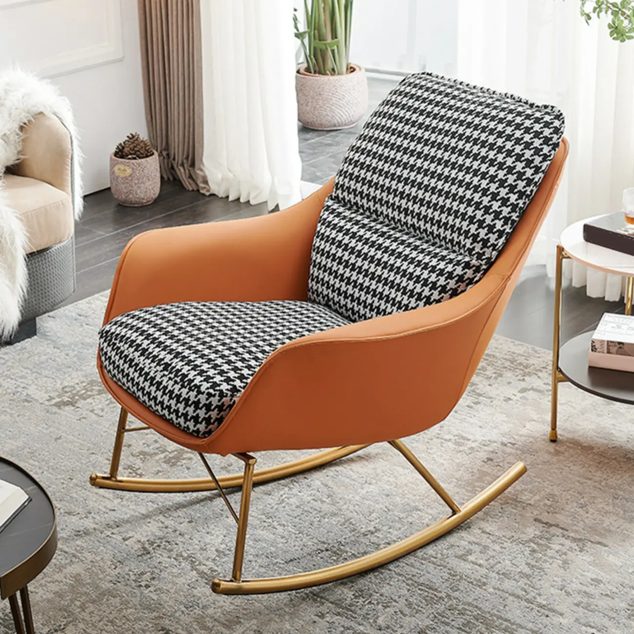 Houndstooth Upholstered Rocking Chair with Track Arm