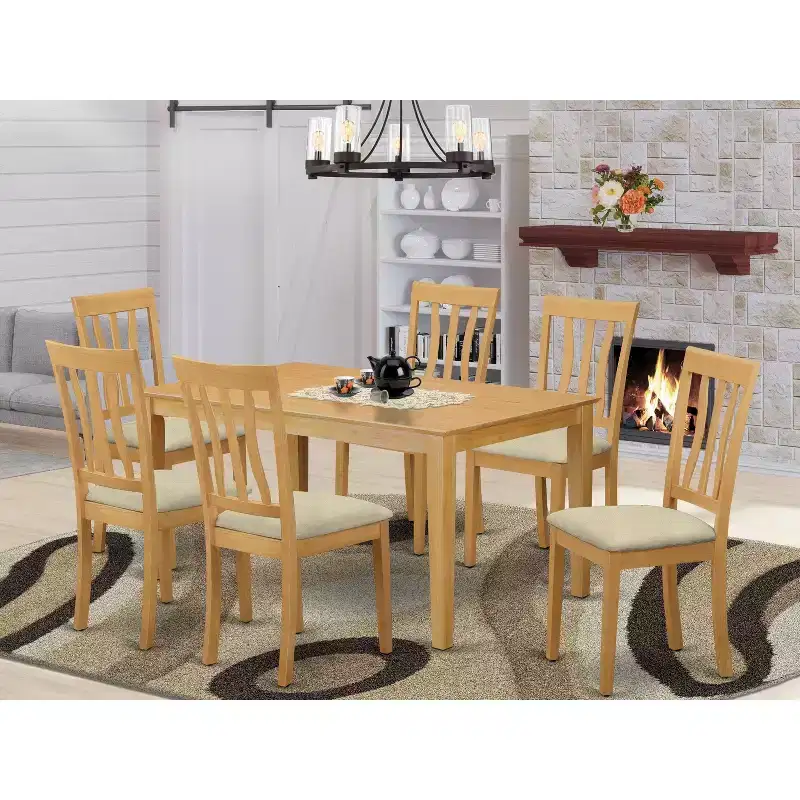 HomeStock 7-Piece Rectangle Natural Oak Finish Solid Wood Top Dining Table with 6 Chairs