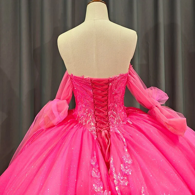 Lace Hot Pink Sequins Ball Gown Quinceañera Dress
