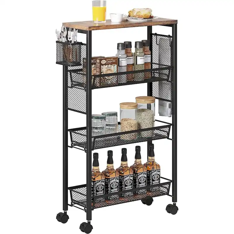 Wood Kitchen Cart 4-Tier Storage Mobile Utility with Wheels and Baskets