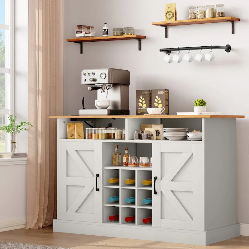 47 Farmhouse Coffee Bar Cabinet with Floating Shelf
