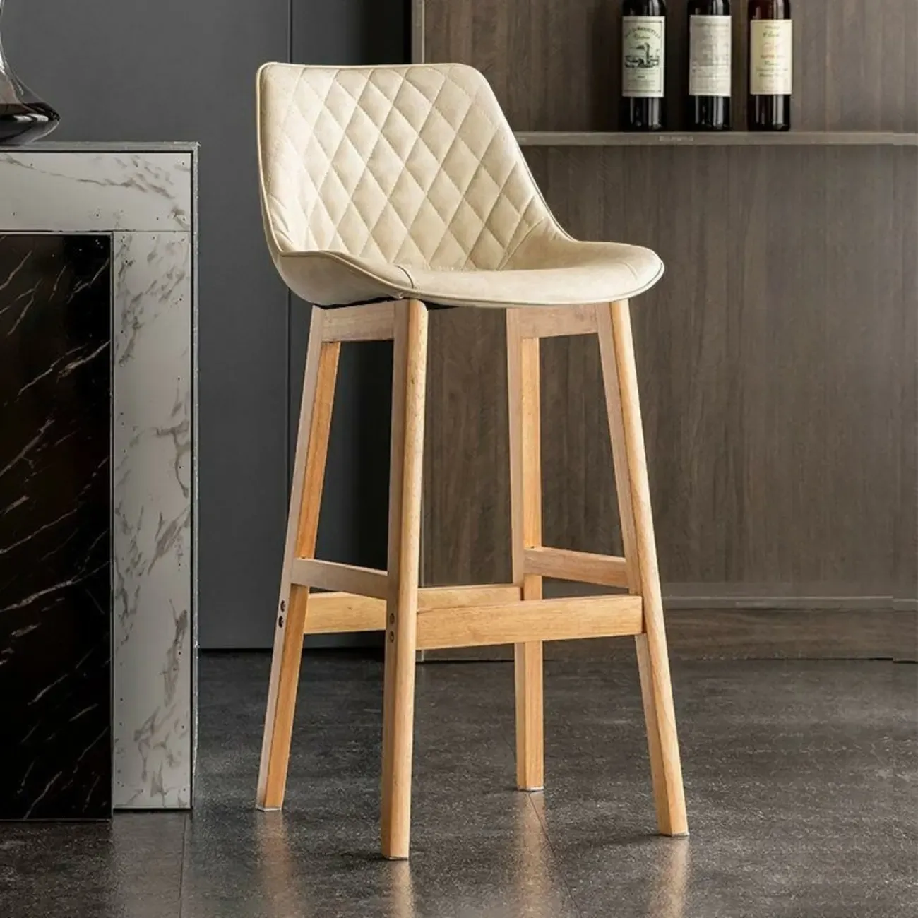 Modern Wood Tufted Upholstered Leather Bar Stool
