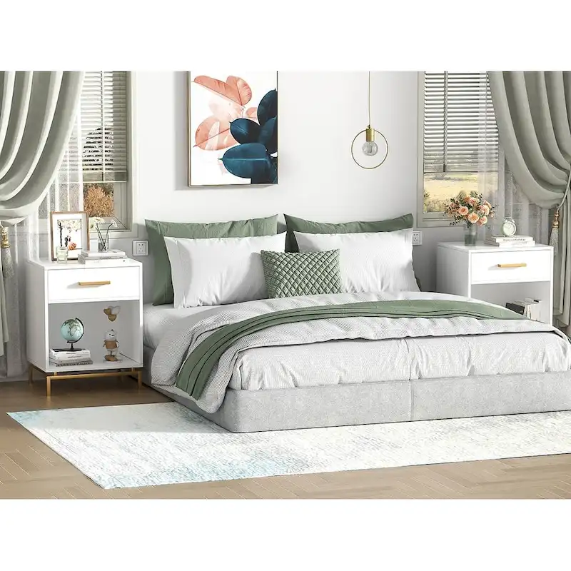 Anmytek Modern 1-Drawer White Nightstand Wood Bedside Table with Open Shelf (Set of 2)