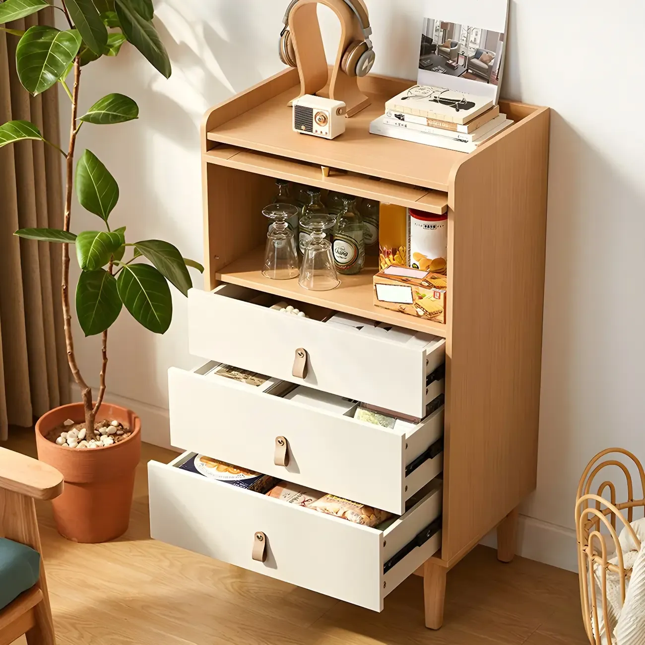 Durable Natural Finish Light Wood and Glass Drawers Dresser