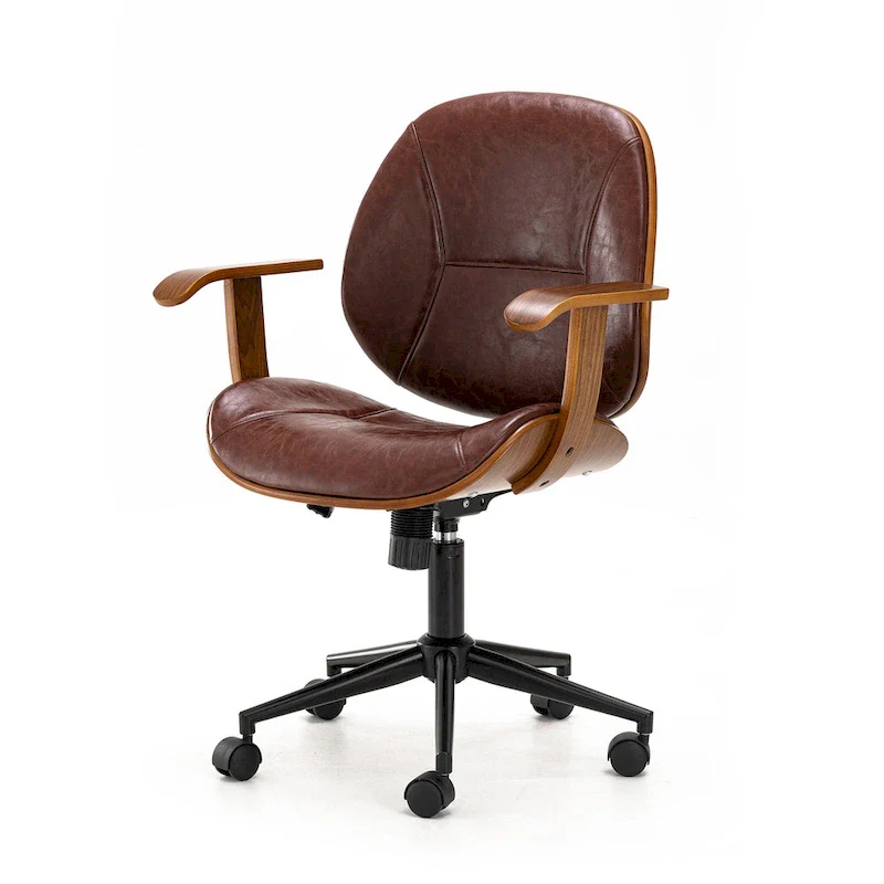 PU Leather Swivel Office Chair with Bamboo Armrests – Cocoa / Brown / Black, Mid-Back, Single User