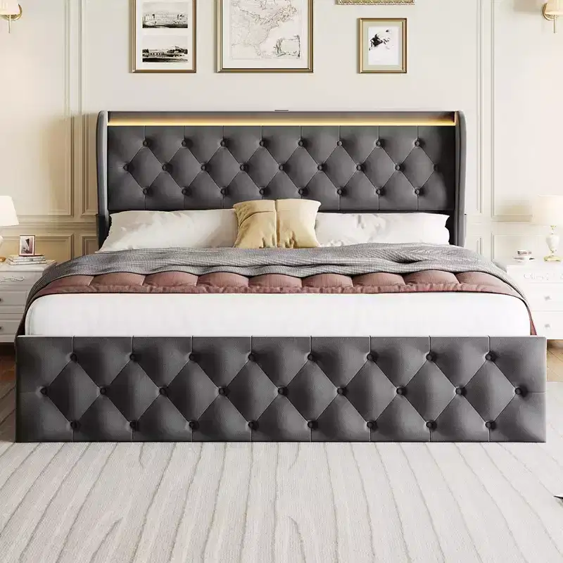 King Bed Frame with LED Lights and Charging Station, Velvet Upholstered Platform Bed Frame with Wingback Headboard, Noise-Free/No Box Spring Needed