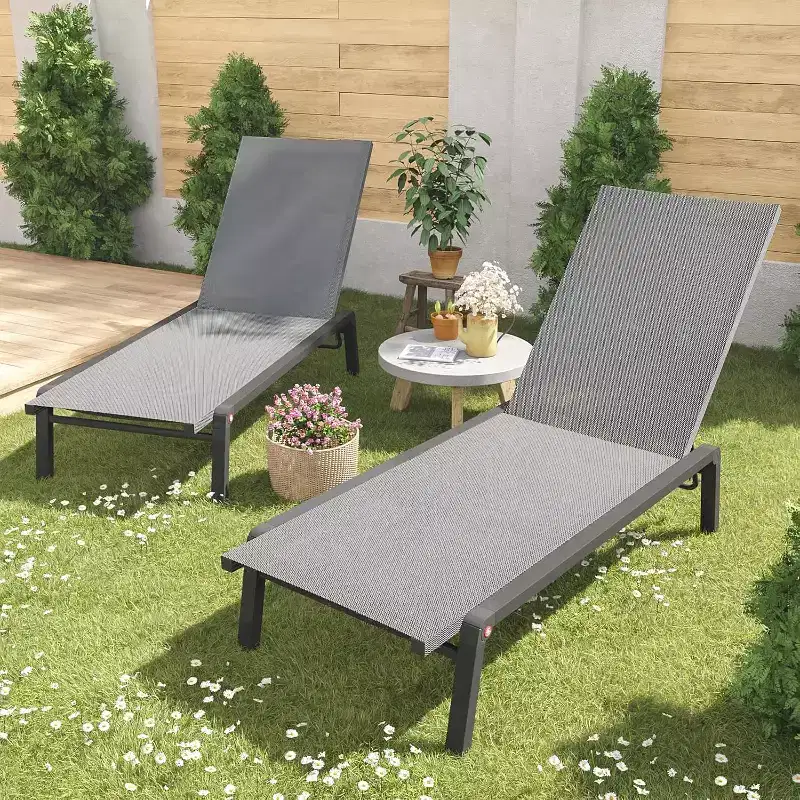 Summit Adventure Set of 2 Foldable Aluminum Chaise Lounges - 4-Position Adjustable Recliners for Pool & Patio (Grey)