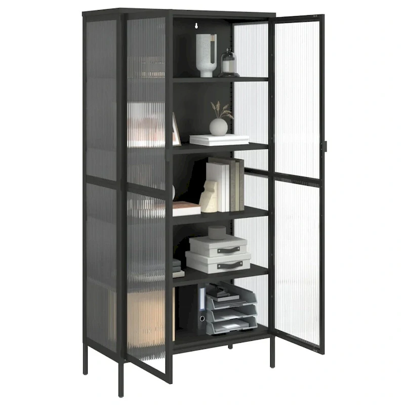 Black Highboard with Fluted Glass & Steel Frame, 33.5×15.7×70.9