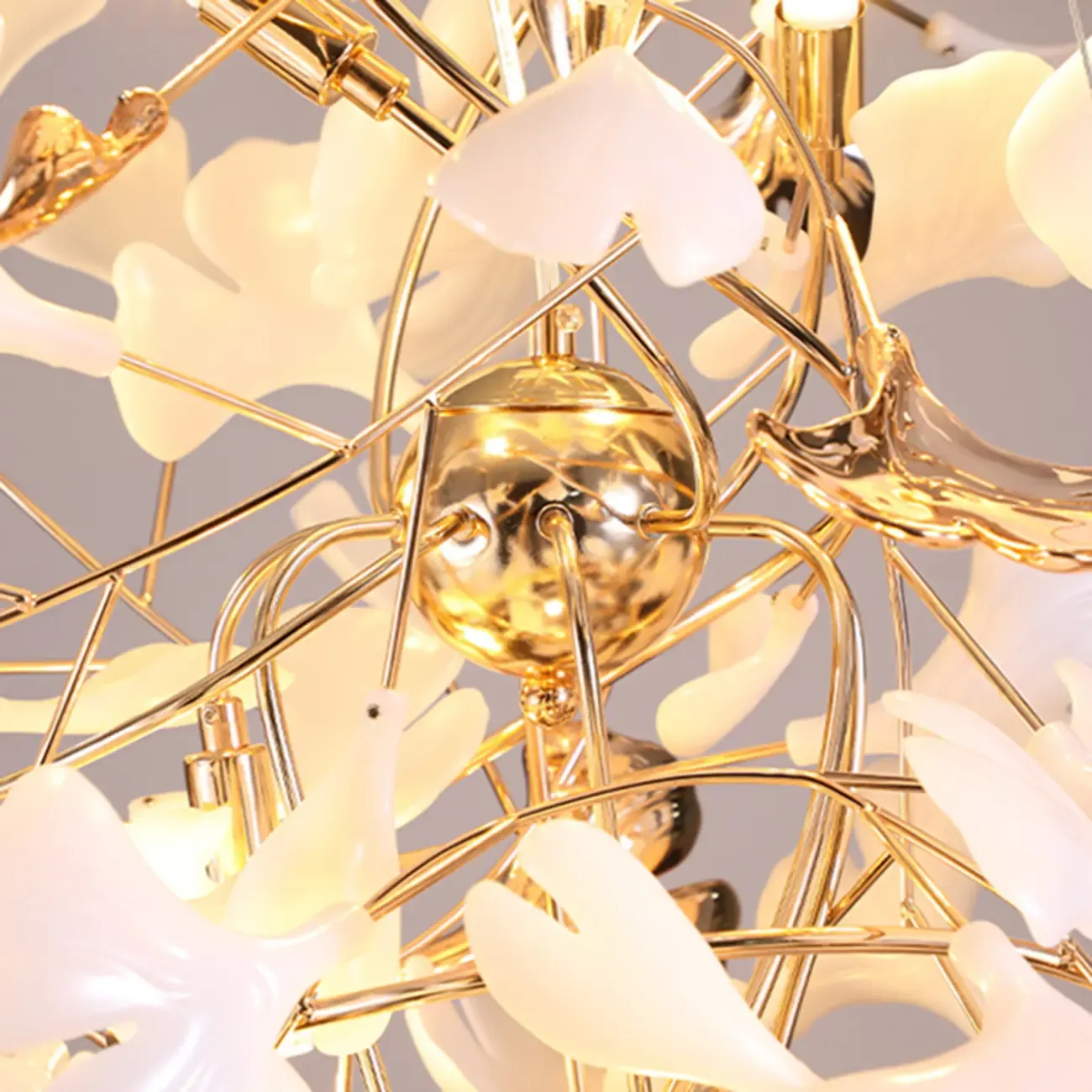 Elegant White Ginkgo Leaf Golden Stairwell Chandelier