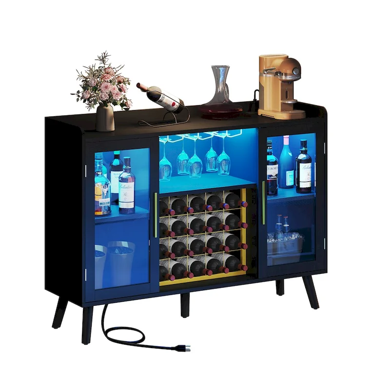 53 Wine Bar Cabinet Coffee Bar Cabinet for Liquor and Glasses with Led Lights & Power Outlets