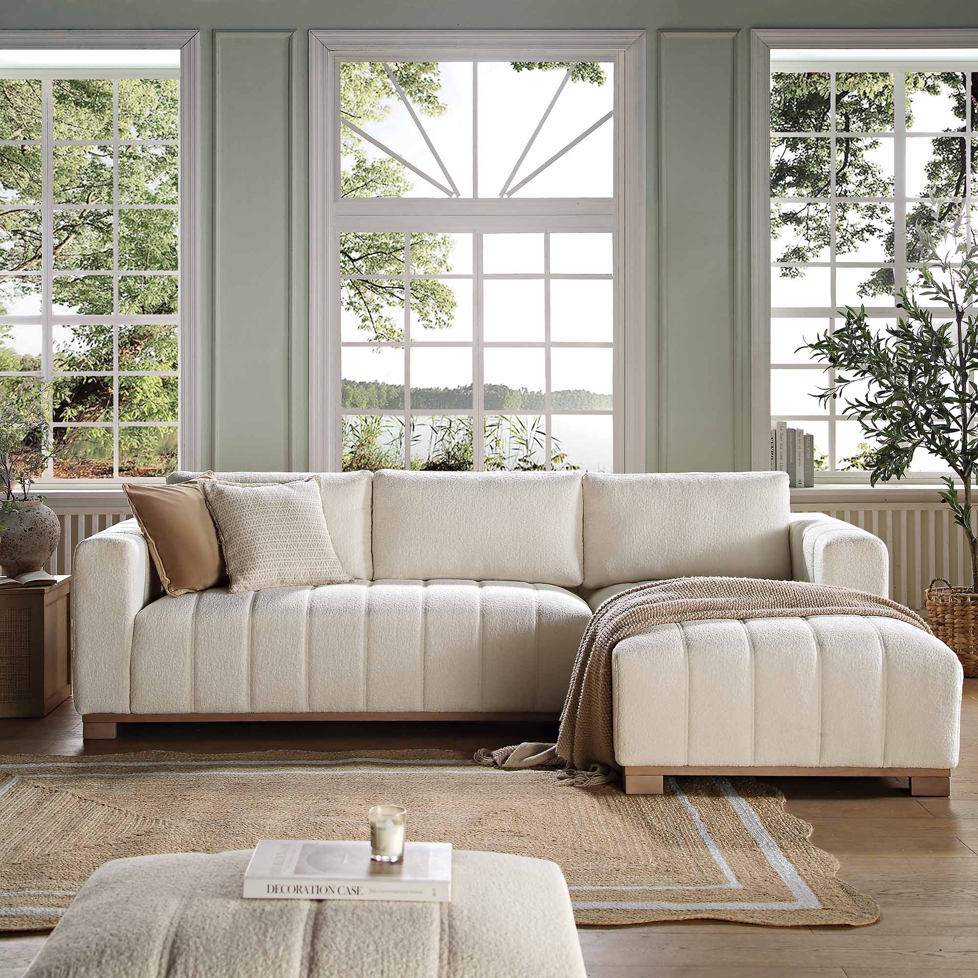 Beige Boucle Sofa with Wooden Base, Large Chaise Right Hand Facing