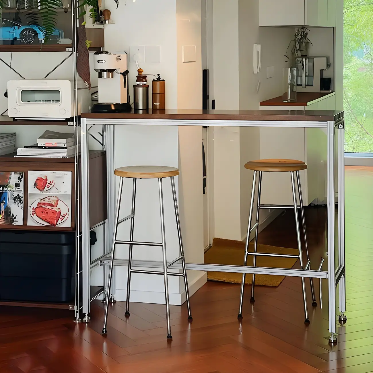 Modern Brown Wood Silver Metal Trestle Bar Tables