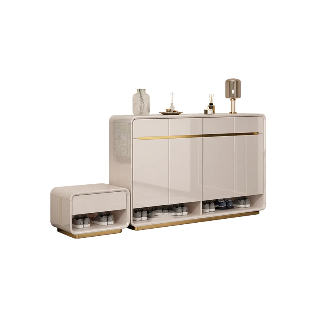 Glam Beige Solid Wood Shoe Cabinet with Display Top