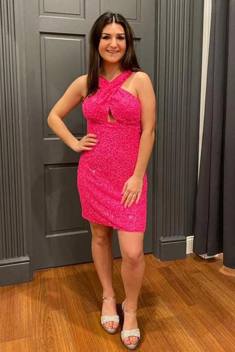 Glitter Turquoise Halter Backless Sequins Bodycon Tight Mini Party Dresses