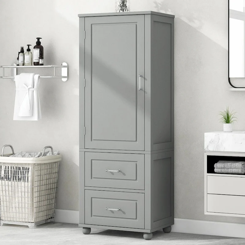 Tall Freestanding Bathroom Storage Cabinet with Two Drawers and Adjustable Shelf