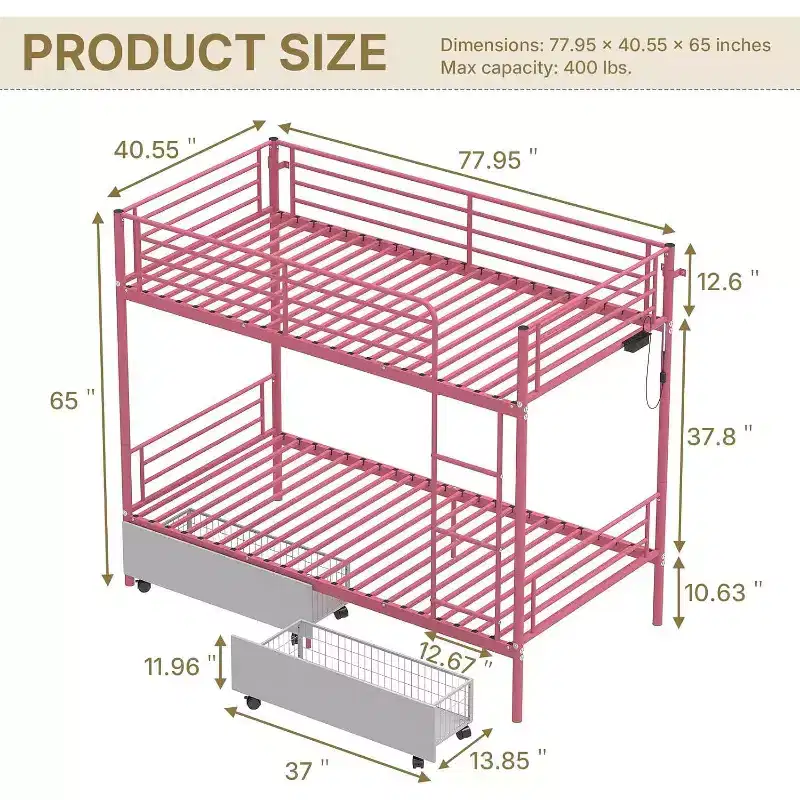 Zevemomo Twin Over Twin Convertible Bunk Bed with 2 Storage Drawers, USB Charging Station, LED Light, No Box Spring Needed, Metal, Pink