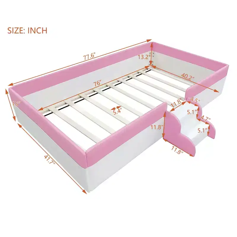 Luxystar Twin Size Upholstered Daybed Frame with Fence and Stairs for Kids Room, Pink+White